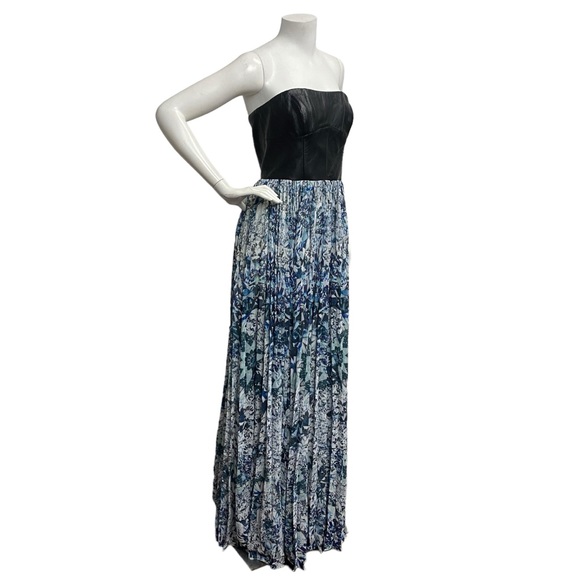 Sachin + Babi Leather & Blue Printed Pleated Accents Strapless Maxi Long Dress - Picture 3 of 14